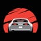 Cartoon japan tuned car on red sun background. Back view. Vector illustration