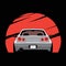 Cartoon japan tuned car on red sun background. Back view. Vector illustration