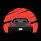 Cartoon japan tuned car on red sun background. Back view. Vector illustration