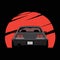 Cartoon japan tuned car on red sun background. Back view. Vector illustration