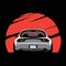 Cartoon japan tuned car on red sun background. Back view. Vector illustration