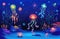 Cartoon jellyfish background. Ocean deep water life, glowing creatures on seabed, underwater marine transparent bright