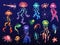Cartoon jellyfishes. Beautiful deep water glowing creatures, ocean underwater plankton, starfish and shrimp, transparent