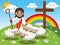 Cartoon Jesus holding stick stroking sheep meadow
