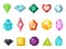 Cartoon jewelry gem stone, diamond and brilliant icons. Flat gemstone for game. Shiny crystal, emerald, ruby heart and
