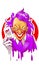 Cartoon joker character smiling holding play card violet suit hair white gloves vector illustration