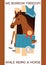 Cartoon jokey banner with horse in stable, equipment for horse riding, stirrup, horseshoe, equine with prize. Vector