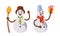 Cartoon, Jolly, Snowmen Characters With Orange Carrot Nose, Coal-black Eyes, Bucket Or Top Hat, Vector Illustration