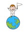 Cartoon Joyful Astronaut Standing Over Earth with Flag Vector Concept