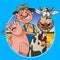 Cartoon joyful farmer hugging a pig and a cow