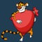 Cartoon joyful tiger carrying a big red bag