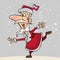 Cartoon joyous Santa Claus stands in a pose swallow