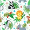 Cartoon jungle animal print. Animals pattern, safari background. Cute wild lion monkey panda parrot. Tropical childish