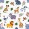 Cartoon jungle animal print. Lion, elephant and zebra. Kids wild zoo characters, safari leopard and horilla. Art cute