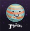 Cartoon Jupiter with lightning, planet, vector character, Solar system.