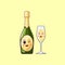 Cartoon kawaii Champagne with Winking face. Cute Champagne bottle with Wineglass