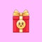 Cartoon kawaii Gift Box with Admiring face. Cute red Gift with golden Bowknot