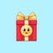 Cartoon kawaii Gift Box with Cheerful face. Cute red Gift with golden Bowknot