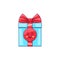 Cartoon kawaii Gift Box with Grinning face. Cute blue Gift with red Bowknot