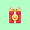 Cartoon kawaii Gift Box with Grinning face. Cute red Gift with golden Bowknot