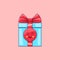 Cartoon kawaii Gift Box with Smile and Smiling eyes. Cute blue Gift with red Bowknot