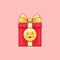 Cartoon kawaii Gift Box with Smile and Smiling eyes. Cute red Gift with golden Bowknot