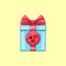 Cartoon kawaii Gift Box with Winking face. Cute blue Gift with red Bowknot