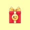Cartoon kawaii Gift Box with Winking face. Cute red Gift with golden Bowknot