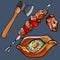 Cartoon kebab a piece of meat khachapuri and an ax