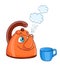 Cartoon kettle with boiling water with eyes and a cup