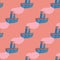 Cartoon kid with blue steamer ship ornament. Pink background. Travel marine backdrop