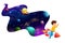 Cartoon kid flying on space rocket in galaxy