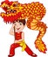 Cartoon kid performing dragon dance