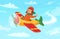 Cartoon kid pilot. Children aviator flying in airplane, little boy avia trip and airplane flight in sky vector