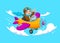 Cartoon kid pilot flying on plane at cloudy sky