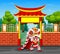 Cartoon of kid playing chinese dragon dance