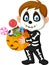 Cartoon kid with skeleton costume holding pumpkin bag full candy