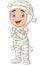 Cartoon kid wearing mummy costume isolated on white background