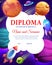 Cartoon kids diploma, space rockets and planets