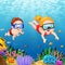 Cartoon kids diving underwater