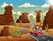 Cartoon kids driving a red car with wild animals through the desert