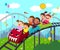 Cartoon of kids having fun on roller coaster in an amusement park