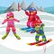 Cartoon kids having fun on skis on winter holiday