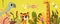 Cartoon kids jungle Tropical horizontal banner with cute lion, giraffe, parrot wildlife. Bright vibrant color.