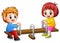 Cartoon kids playing seesaw on white background