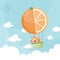 Cartoon kids riding a hot air balloon fruit happy children orange fruit
