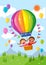 Cartoon kids riding a hot air balloon over the field