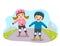 Cartoon of kids in safety helmets playing on roller skates in the park