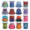 Cartoon kids school bags backpack Back to School rucksack vector set illustration on white