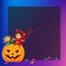 Cartoon kids sitting on Halloween pumpkin poster. Happy children in Hallows mystery costumes of shrek and devil having